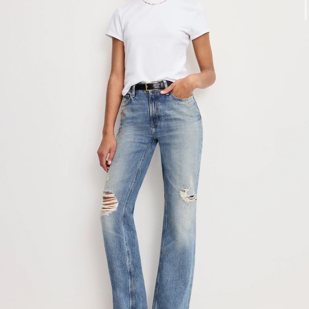 Good American Light Blue High-Rise Distressed Straight Jeans
